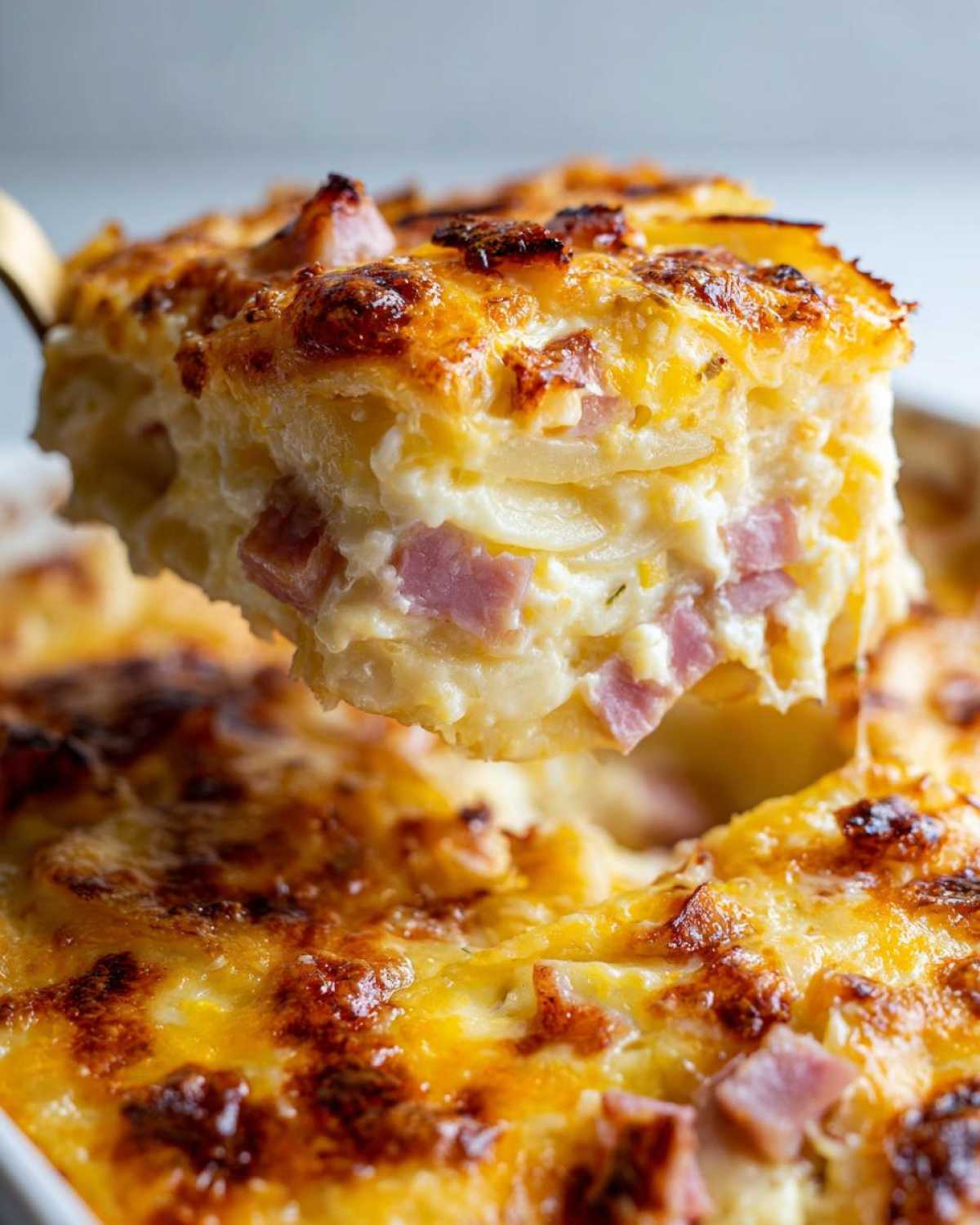 A golden-brown slice of creamy scalloped potatoes and ham being lifted from the baking dish.