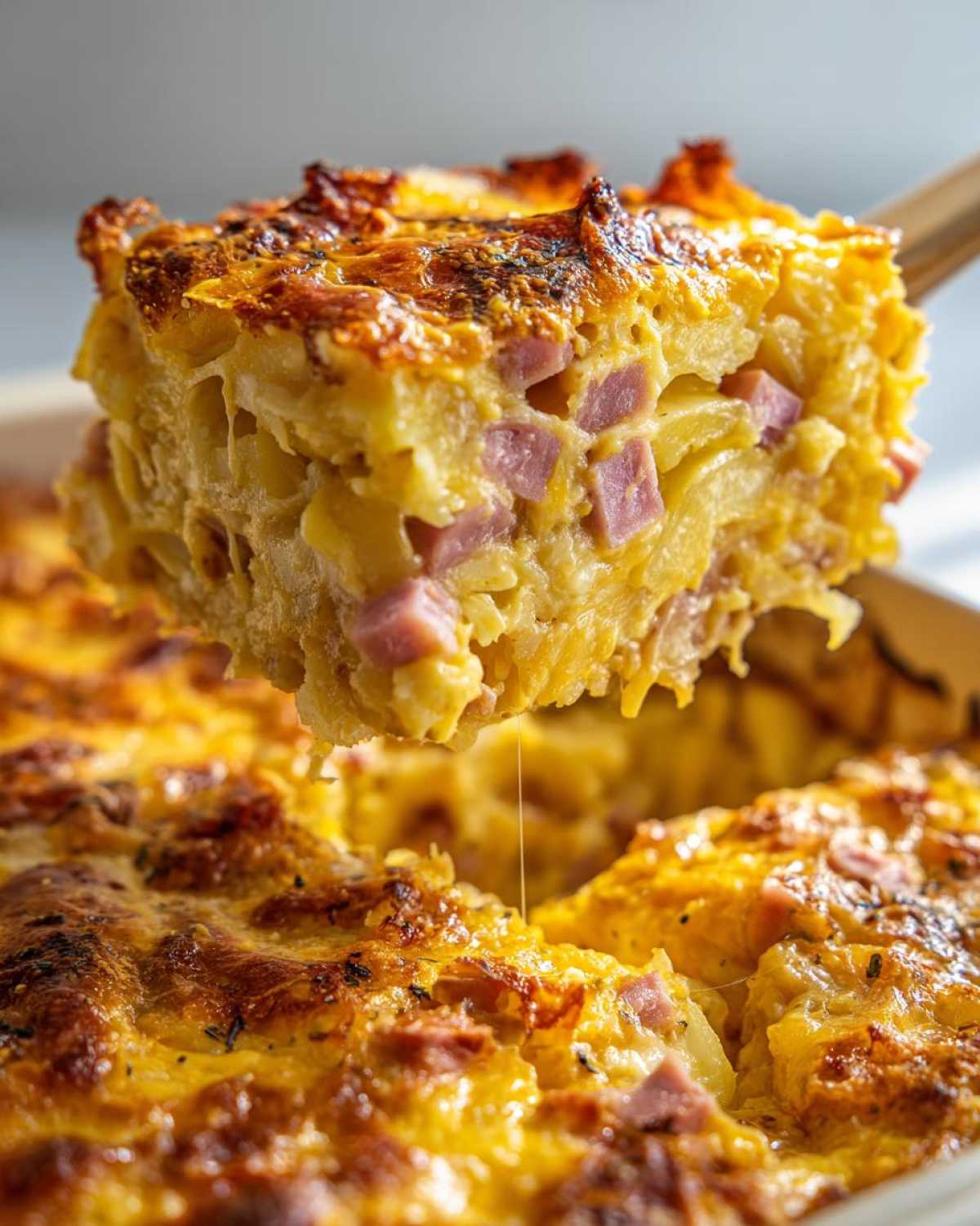 A serving spoon lifts a cheesy, golden-brown square of scalloped potatoes and ham from the baking dish.