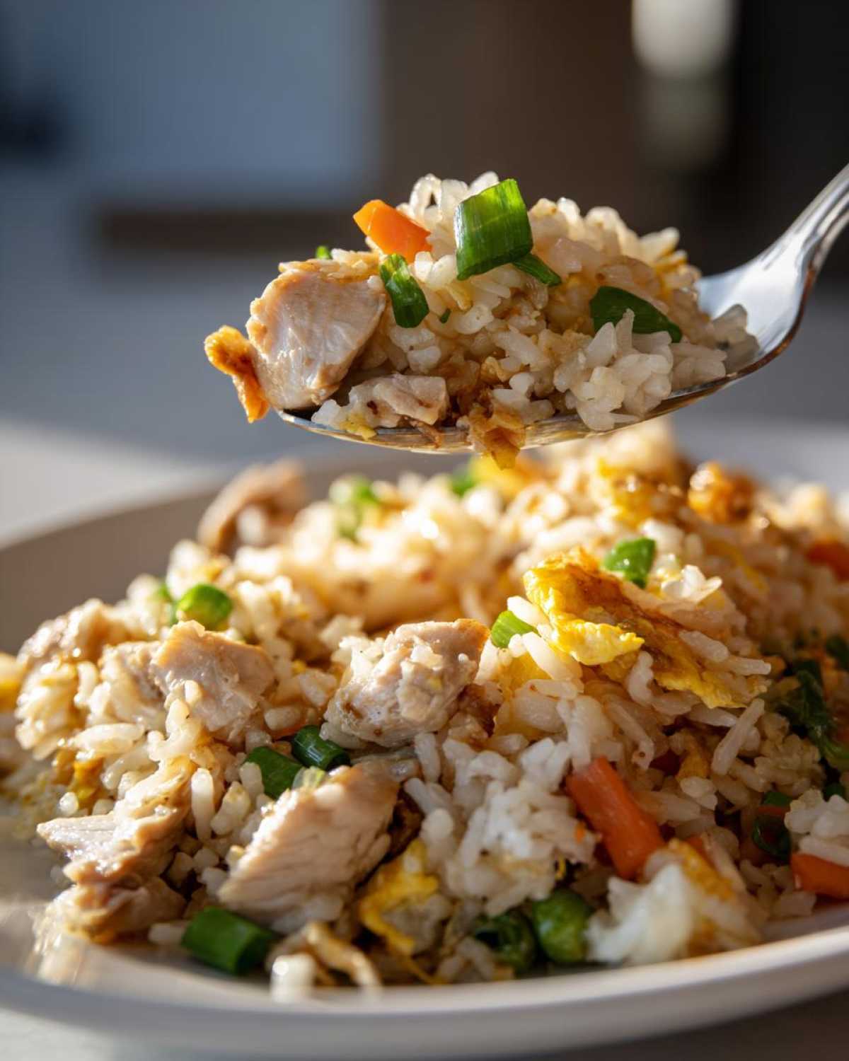 A spoonful of delicious chicken fried rice, featuring rice, chicken pieces, carrots, and green onions, lifted above the main dish.