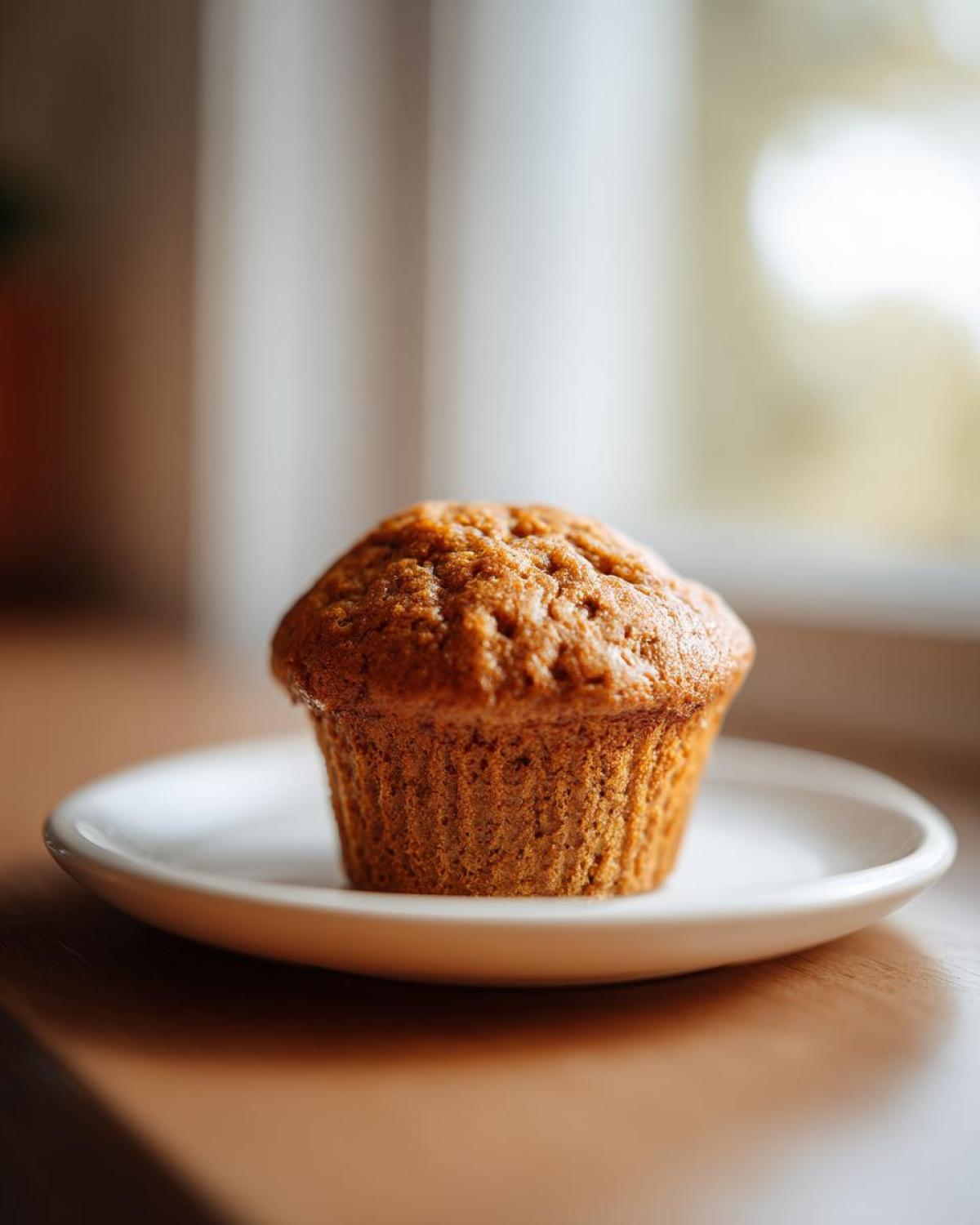 A single, perfectly baked banana protein muffin sitting on a small white saucer against a softly lit background.
