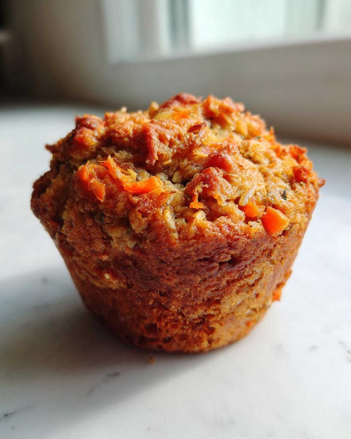 A close-up, rustic shot of one perfectly baked morning glory muffin showing visible shredded carrots and a golden-brown top.