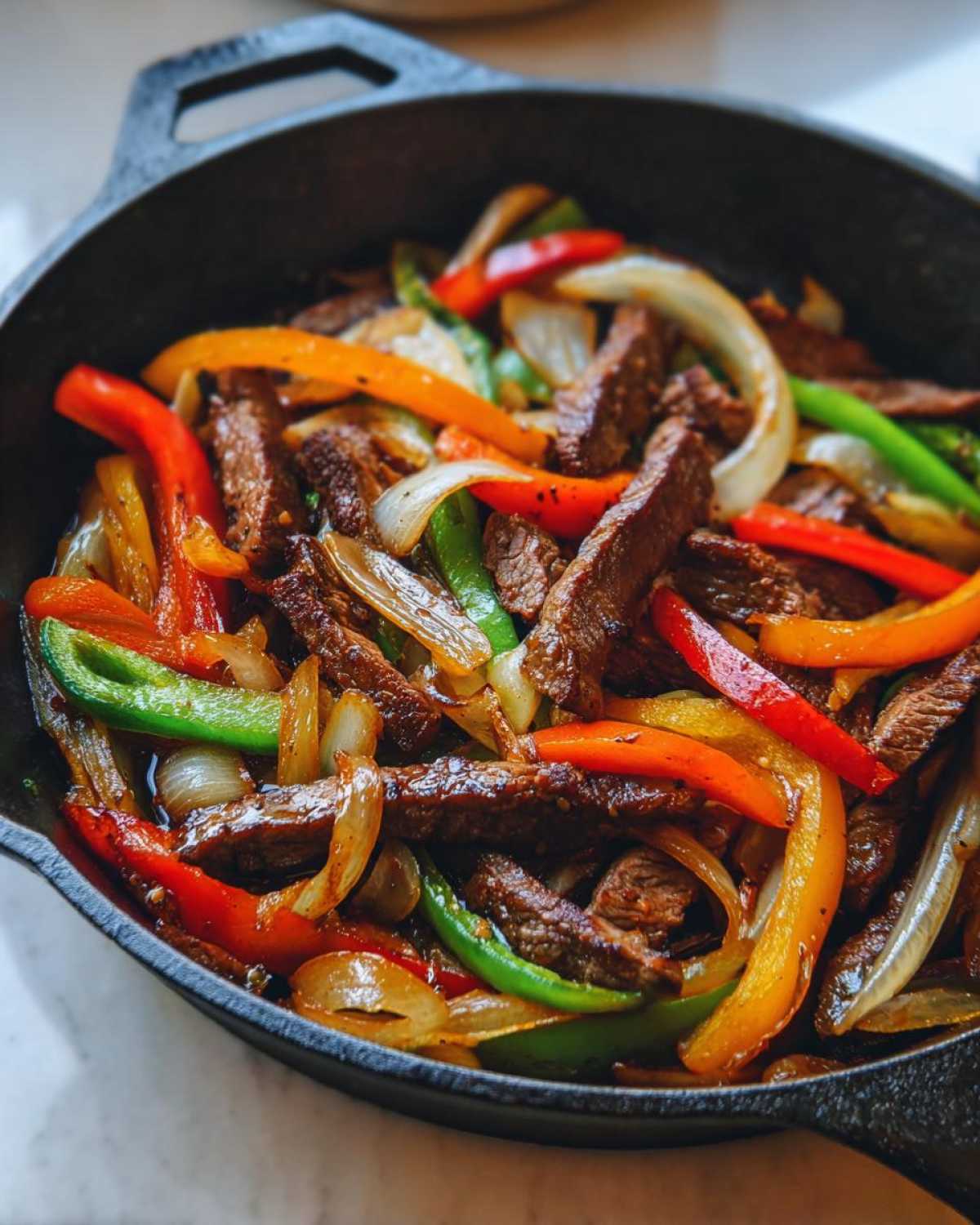 Close-up of sizzling steak fajitas with colorful bell peppers and onions in a black cast iron skillet.