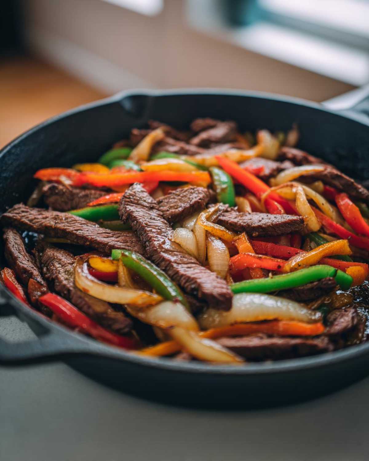 Close-up of sizzling steak fajitas with sliced steak, red, green, and yellow peppers, and onions in a black cast iron skillet.