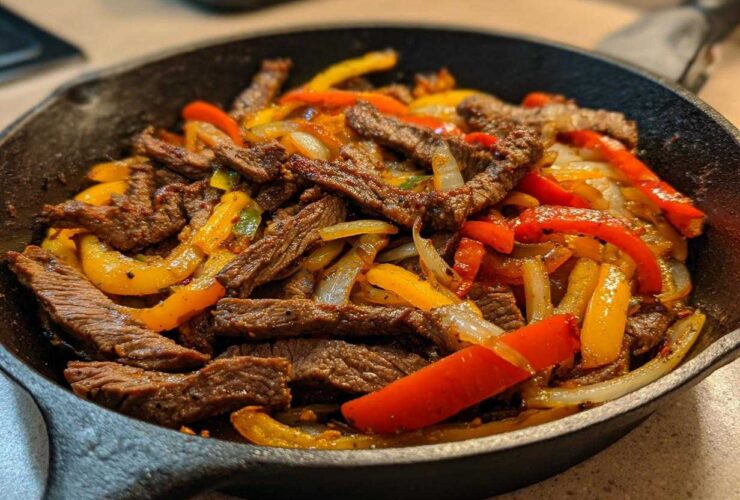 Close-up of sizzling steak fajitas with colorful bell peppers and onions served in a black cast iron skillet.