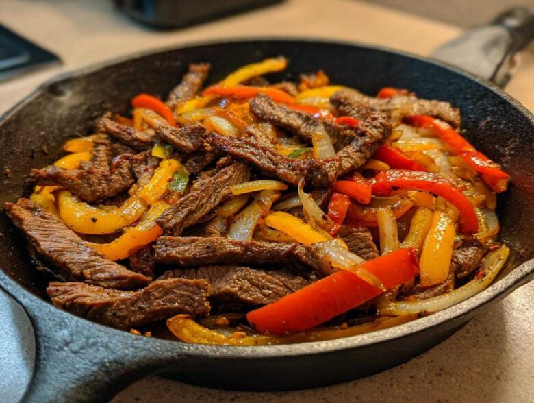Close-up of sizzling steak fajitas with colorful bell peppers and onions served in a black cast iron skillet.