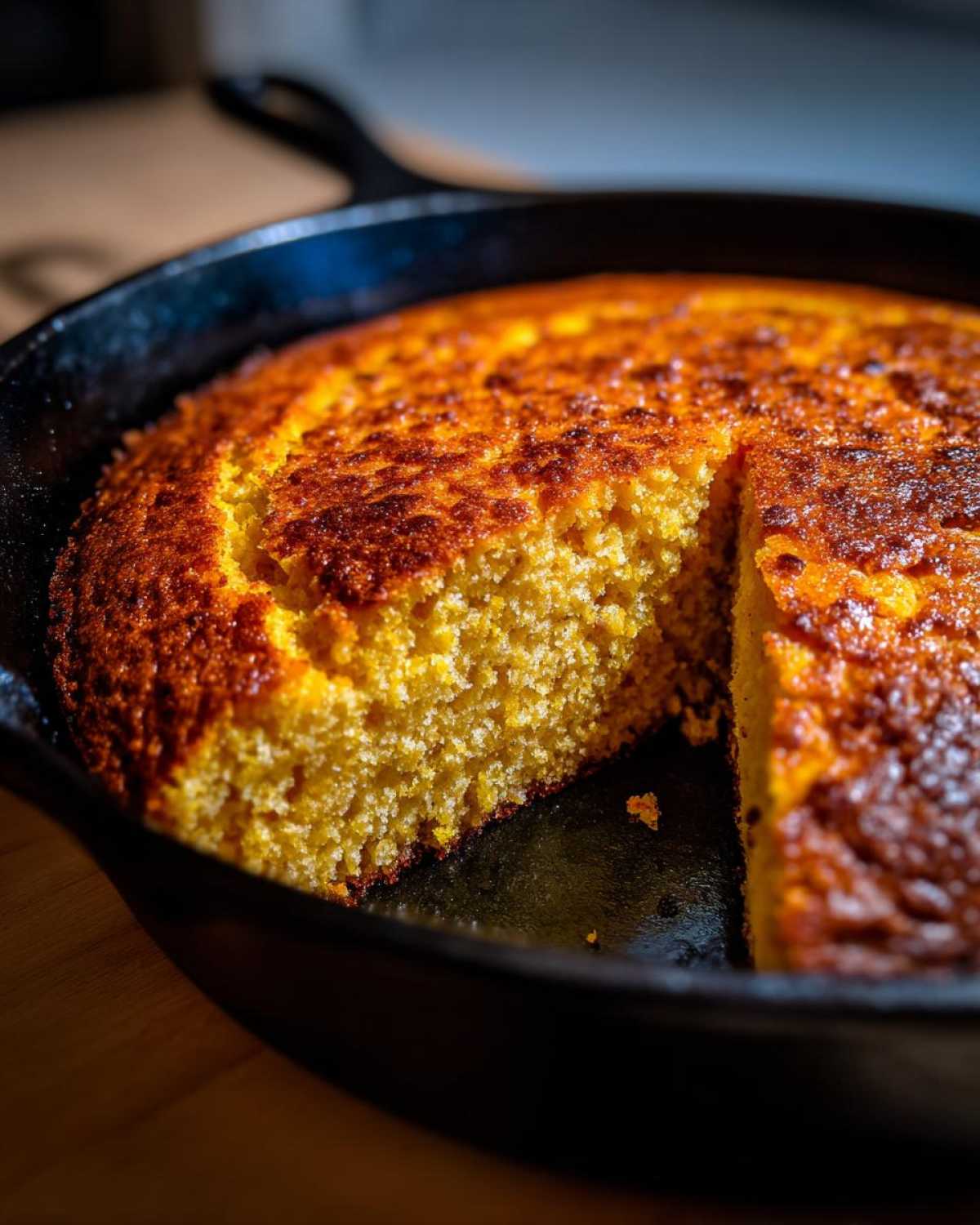 Close-up of golden brown skillet cornbread, with one slice cut and slightly pulled away.