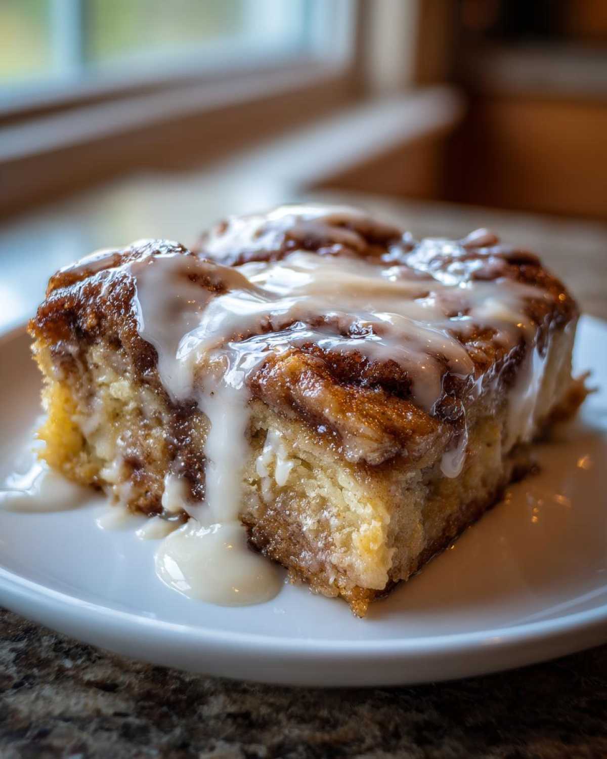 A close-up of a single serving of moist cinnamon roll casserole topped with thick, dripping vanilla icing.