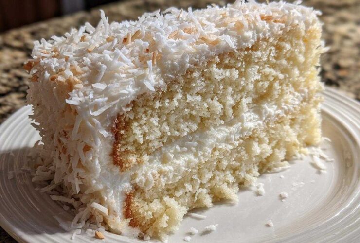 Close-up of a moist slice of coconut cake with white frosting and shredded coconut topping.