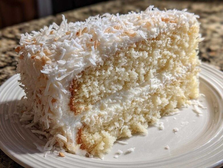 Close-up of a moist slice of coconut cake with white frosting and shredded coconut topping.