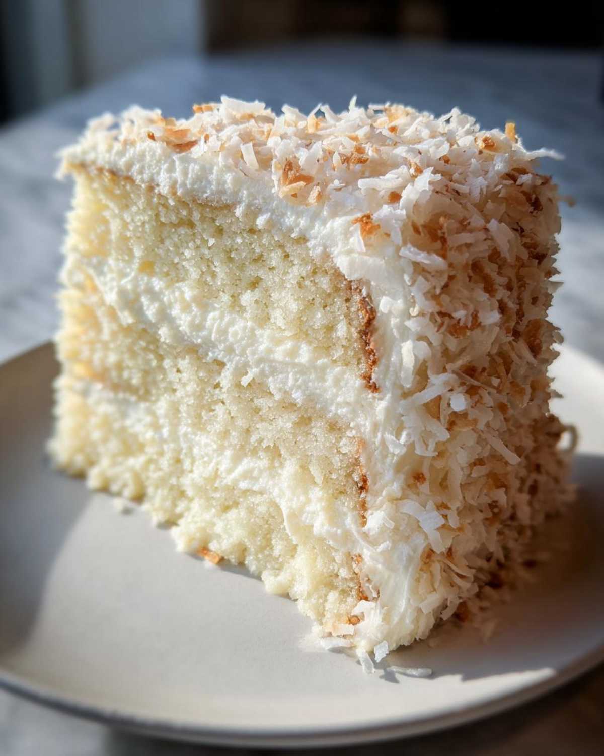Close-up of a moist slice of coconut cake layered with white frosting and topped with toasted coconut flakes.