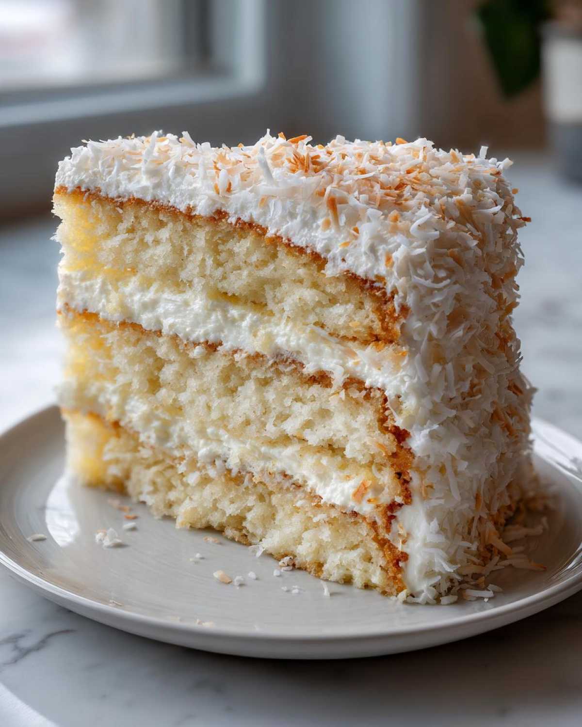 A tall, three-layer slice of moist coconut cake with white frosting and toasted coconut flakes.