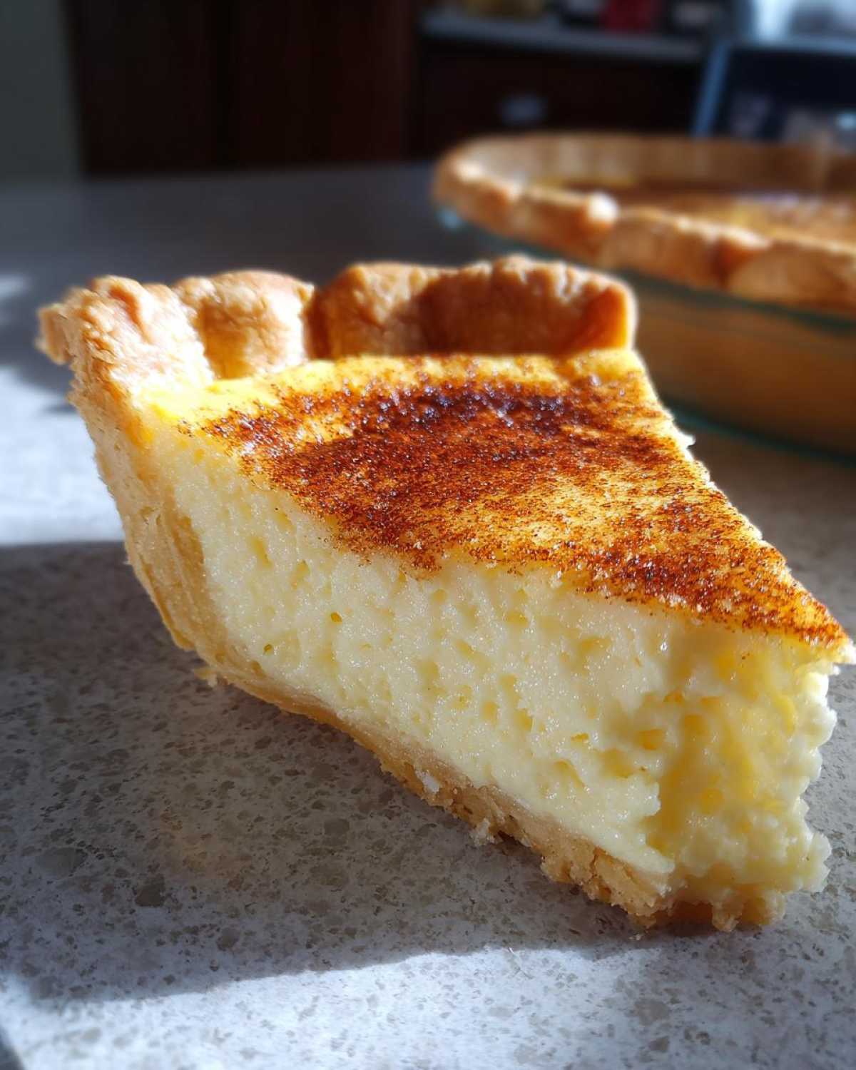 A close-up slice of creamy egg custard pie dusted with cinnamon, sitting on a light countertop.