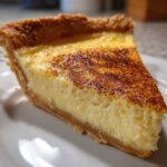 A close-up slice of creamy egg custard pie with a golden, slightly browned cinnamon top, resting on a white plate.