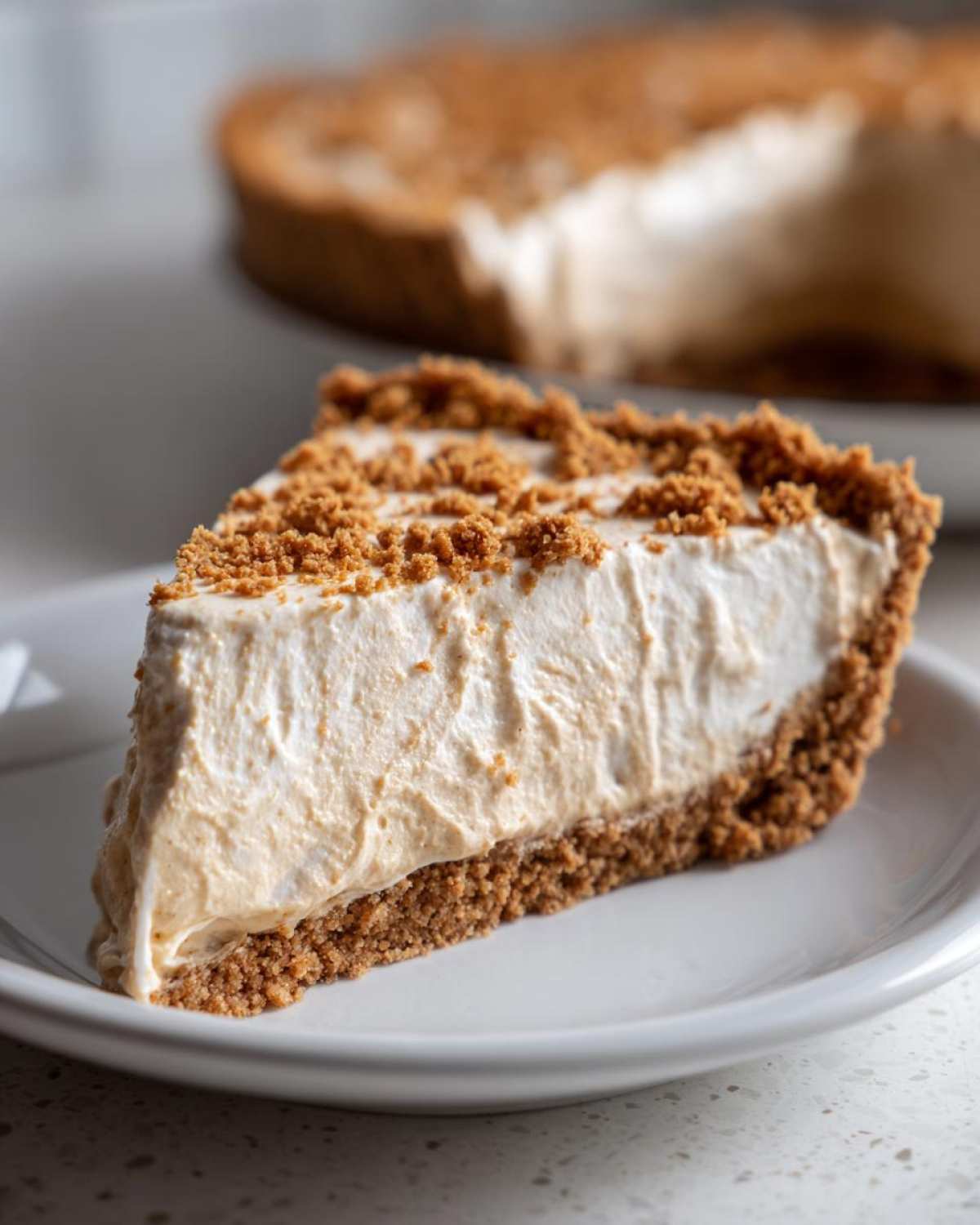 A close-up slice of creamy peanut butter pie with a thick graham cracker crust and crumb topping on a white plate.