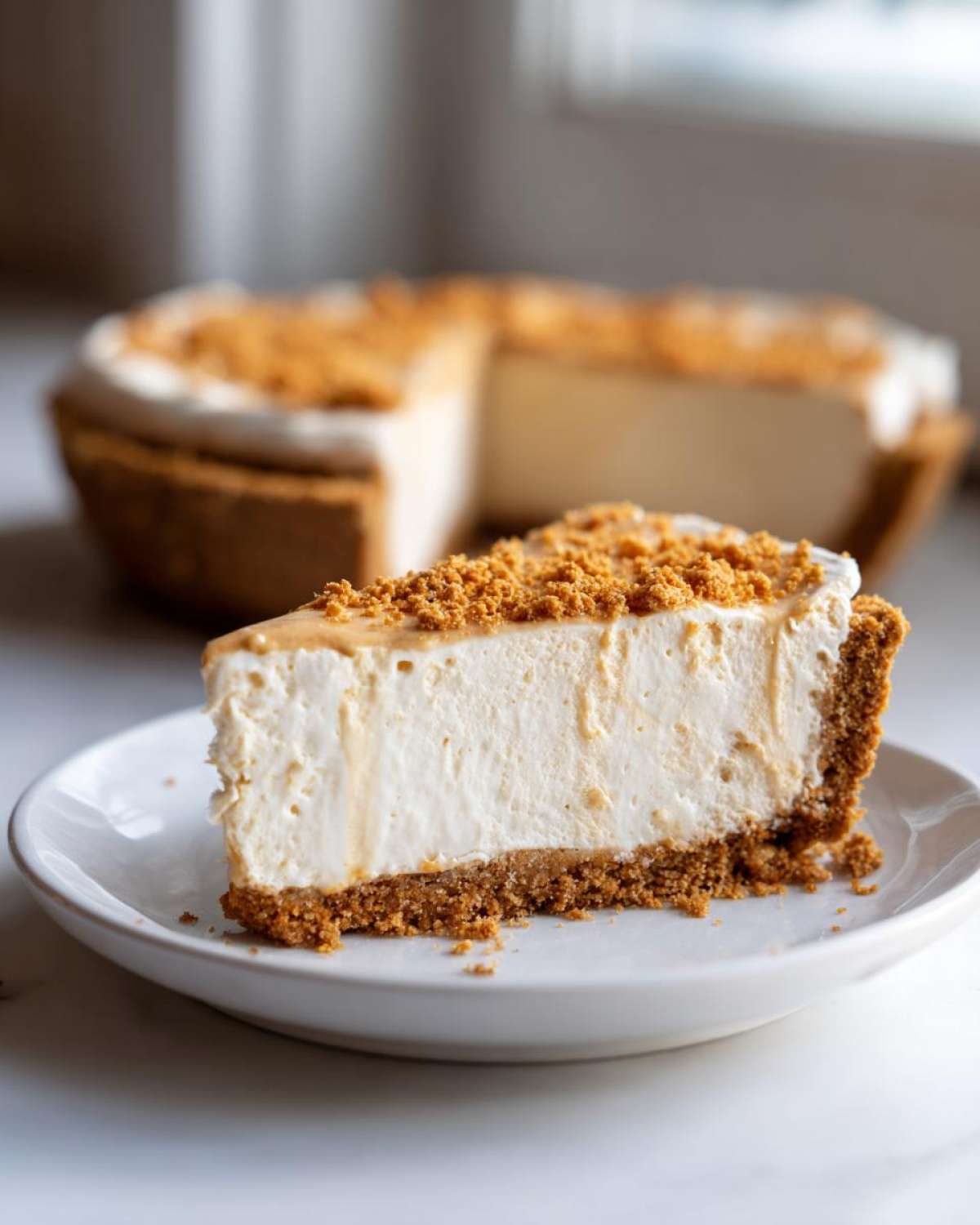 A close-up of a creamy slice of peanut butter pie on a white plate, topped with crumbs.
