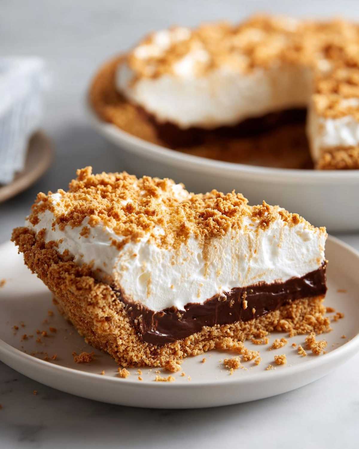 A slice of rich peanut butter pie featuring a graham cracker crust, chocolate filling, whipped topping, and crumb topping.