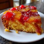 Close-up of a moist slice of pineapple upside down cake topped with caramelized pineapple rings and bright red maraschino cherries.