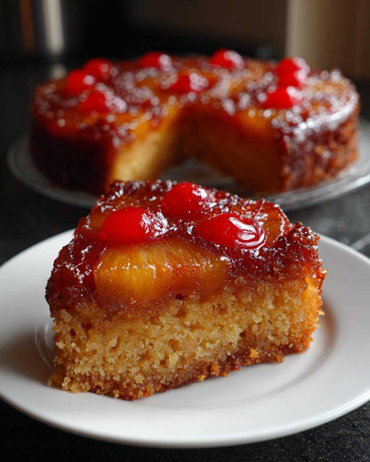 A moist slice of pineapple upside down cake topped with caramelized pineapple and bright red maraschino cherries.