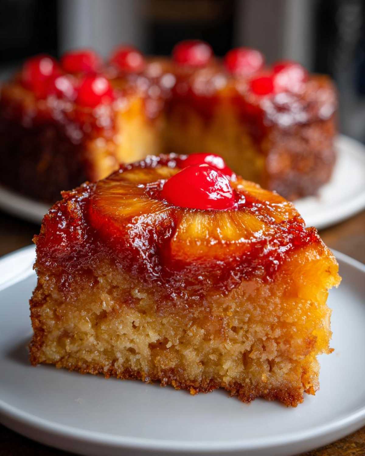 Close-up of a slice of pineapple upside down cake showing caramelized topping and moist crumb.
