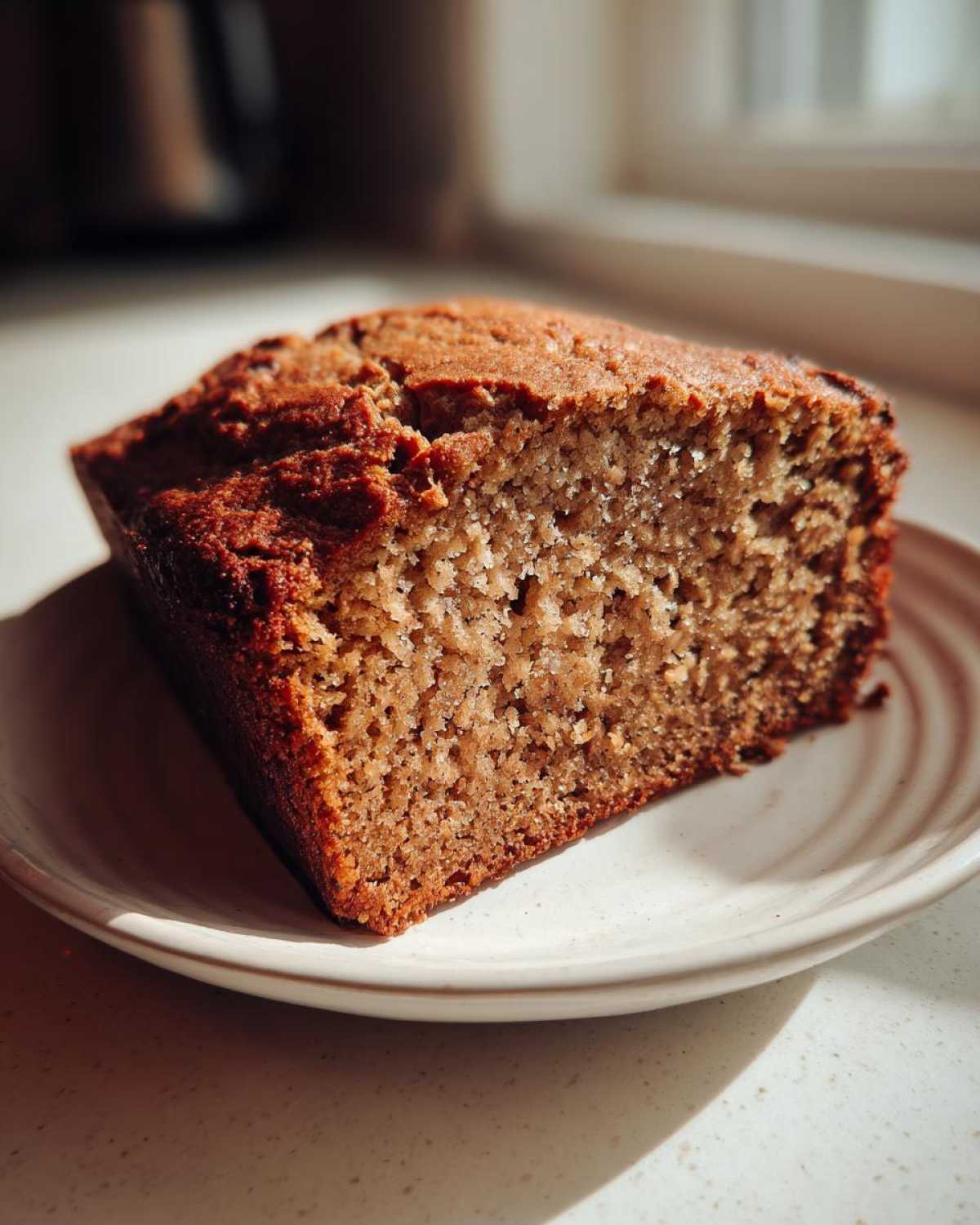 Close-up of a moist slice of sugar free banana bread on a white plate, backlit by sunlight.