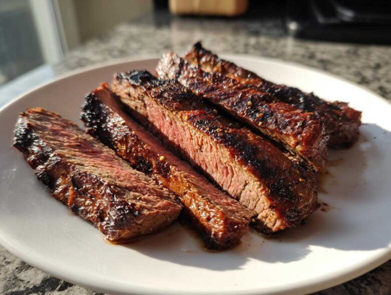 Four slices of medium-rare steak, showing a dark char and juicy interior, prepared with carne asada marinade.