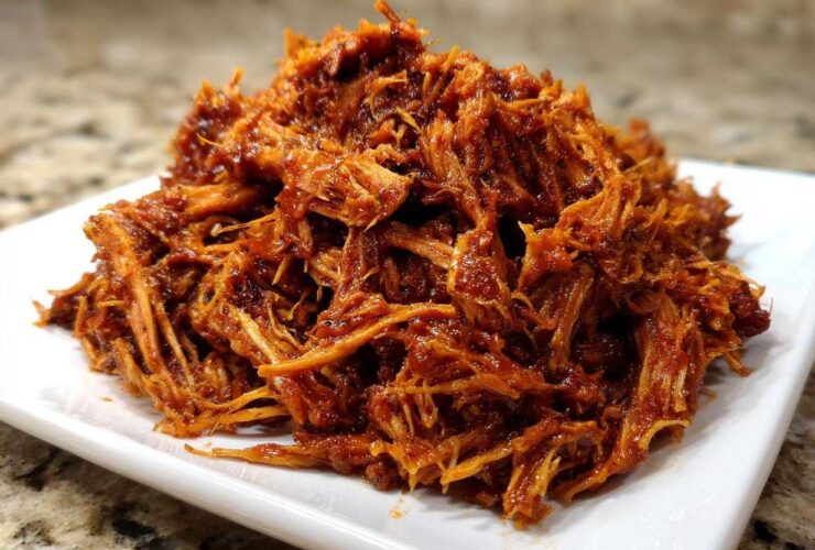 A close-up of saucy, shredded Slow Cooker Pulled Pork piled high on a white rectangular plate.