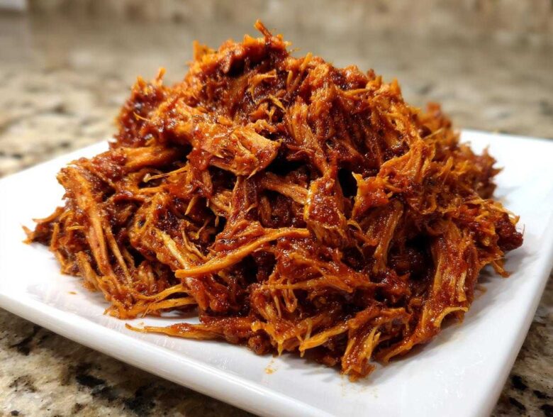 A close-up of saucy, shredded Slow Cooker Pulled Pork piled high on a white rectangular plate.