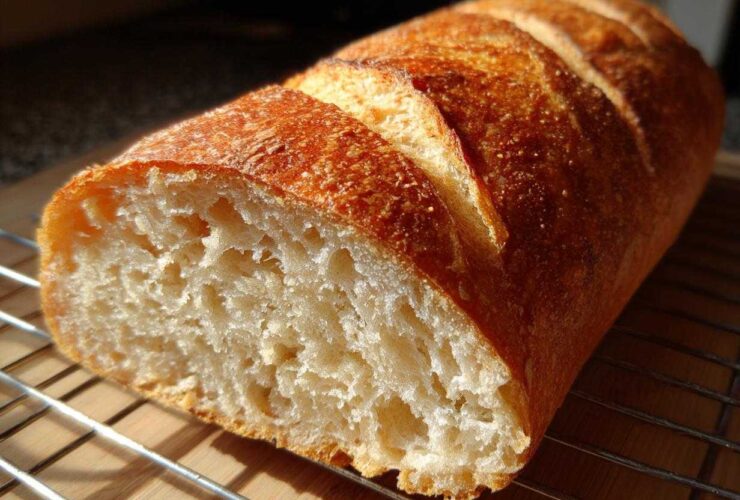 A close-up of a freshly baked loaf of soft French bread, cut open to show the airy crumb, resting on a wire cooling rack.