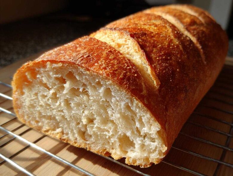 A close-up of a freshly baked loaf of soft French bread, cut open to show the airy crumb, resting on a wire cooling rack.