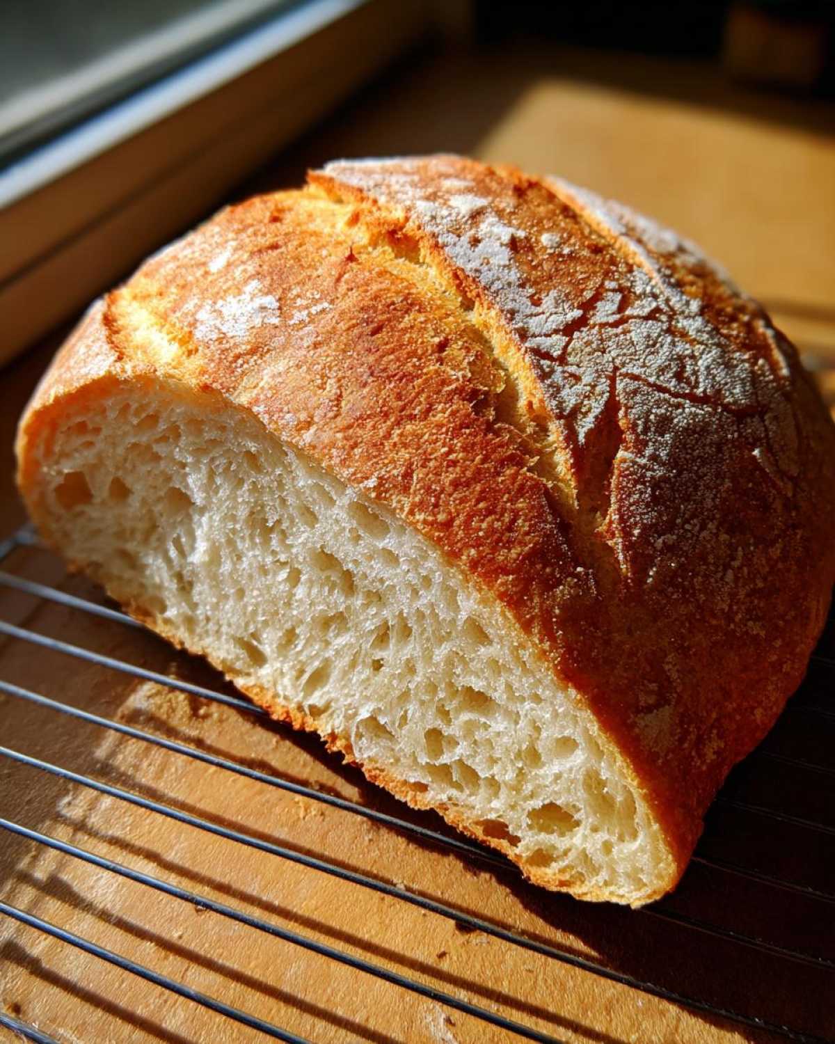 Close-up of a freshly baked French bread loaf, sliced to show the airy, soft interior crumb.