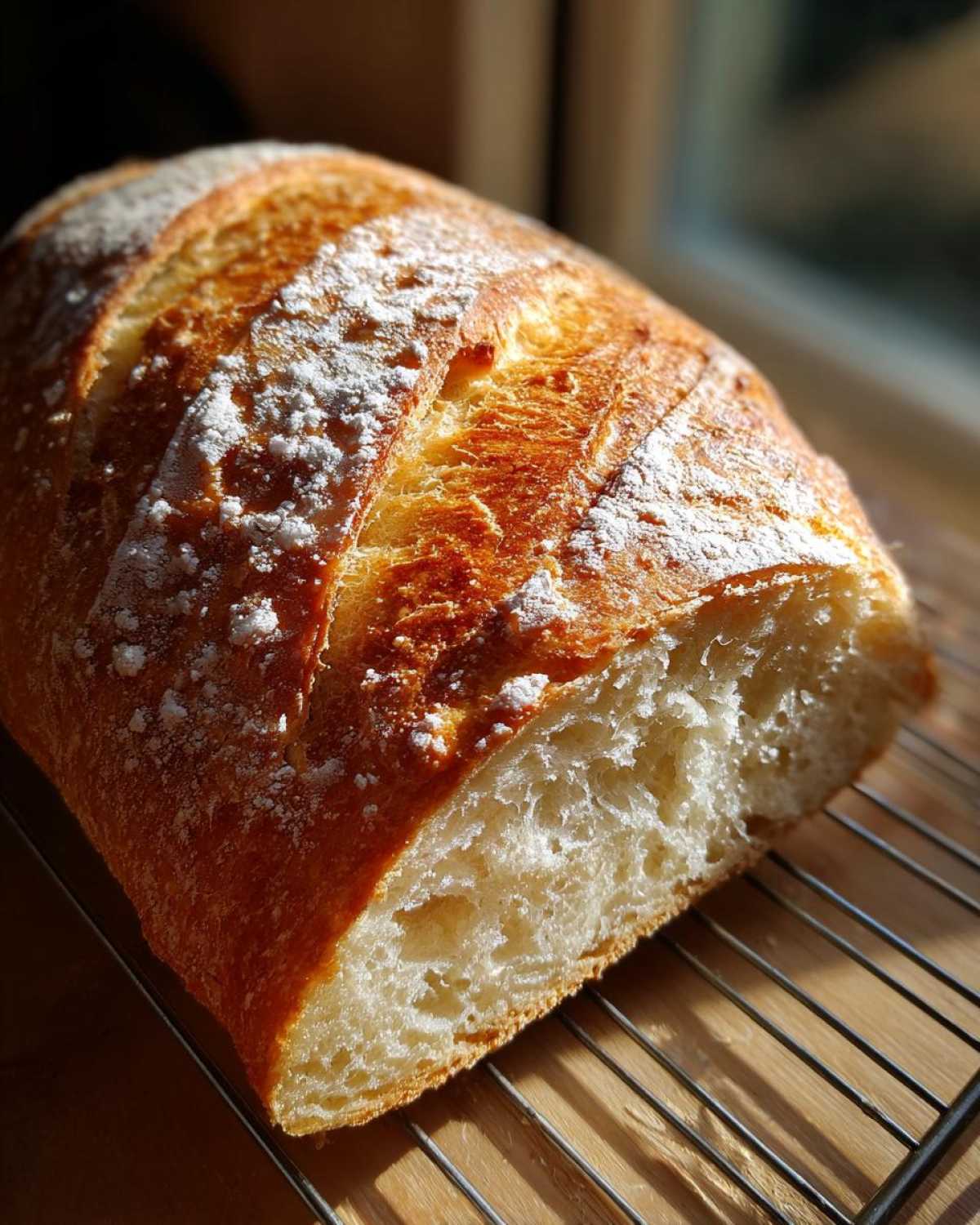 Close-up of a golden-crusted, soft French bread loaf, dusted with flour, resting on a wire rack.