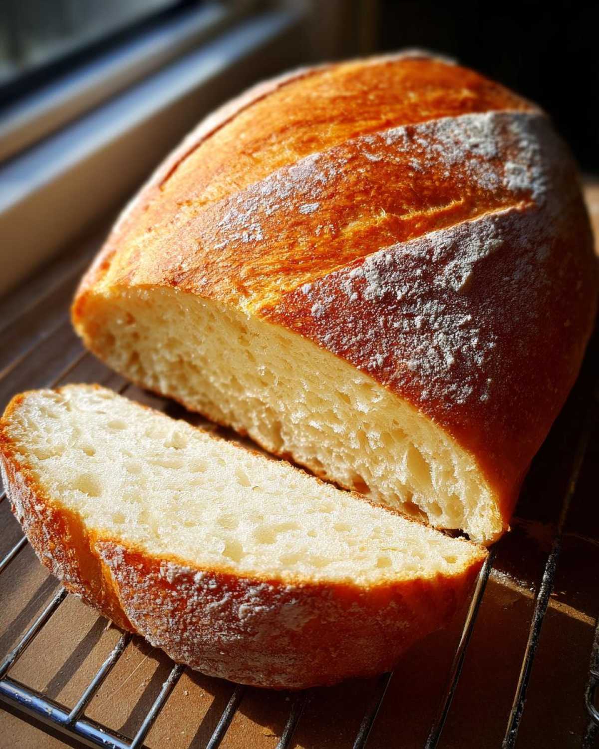 A freshly baked loaf of soft French bread, sliced to show the fluffy interior, resting on a cooling rack.