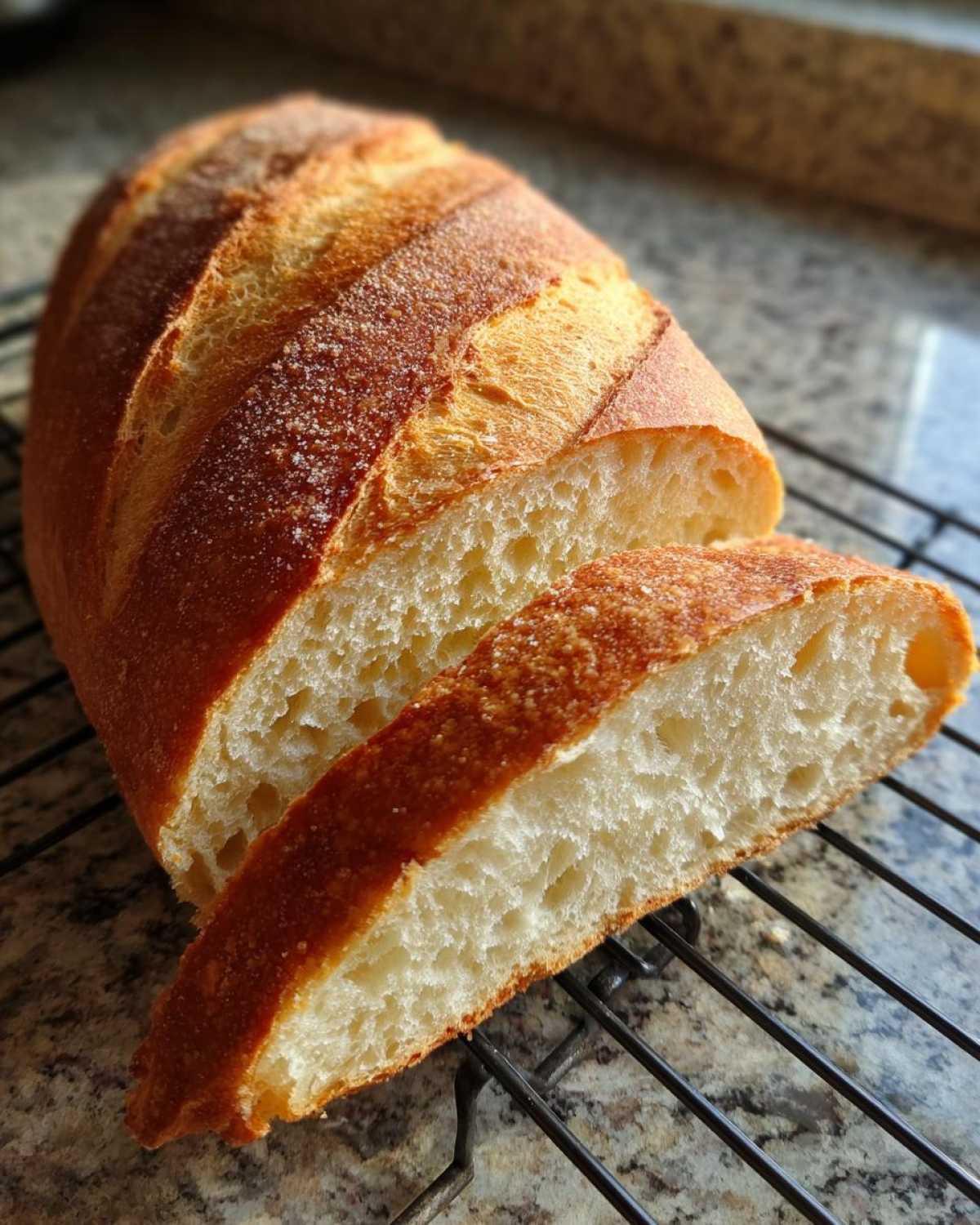 Close-up of freshly baked soft French bread, sliced to show the airy interior and golden, slightly sugared crust.
