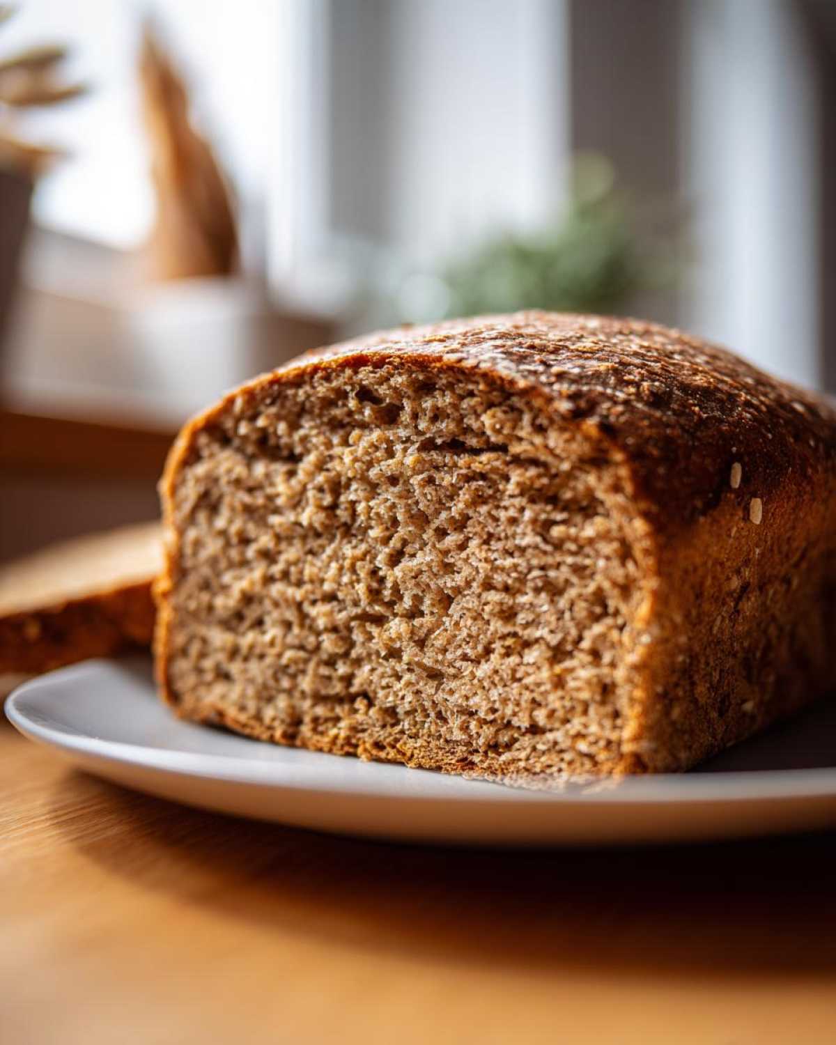 Close-up of a freshly baked loaf of soft whole wheat bread showing its dense, moist crumb texture.
