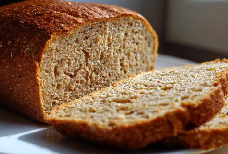 Close-up of a freshly baked loaf of soft whole wheat bread, partially sliced on a white plate.