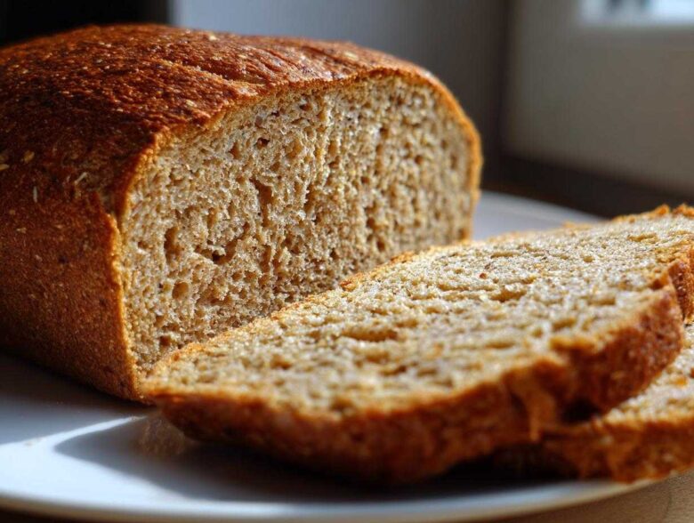 Close-up of a freshly baked loaf of soft whole wheat bread, partially sliced on a white plate.