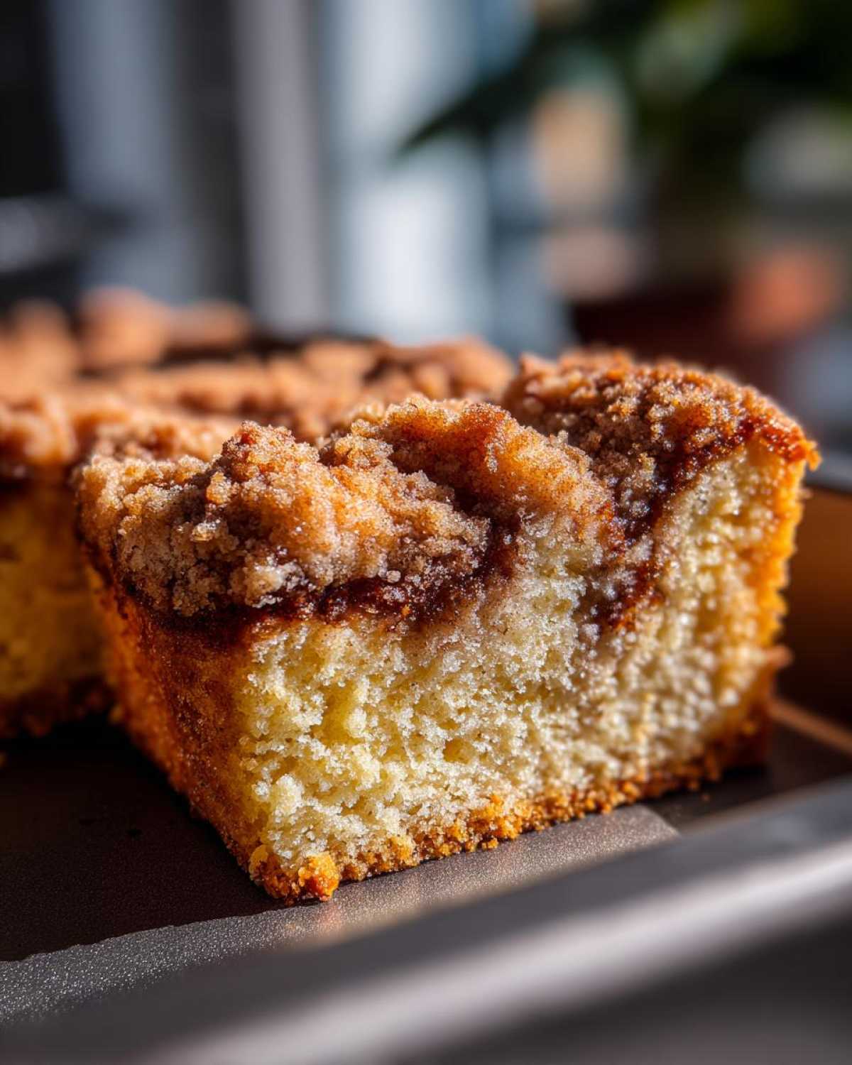 Close-up of a thick slice of moist sour cream coffee cake featuring a rich cinnamon swirl and crunchy brown sugar crumb topping.