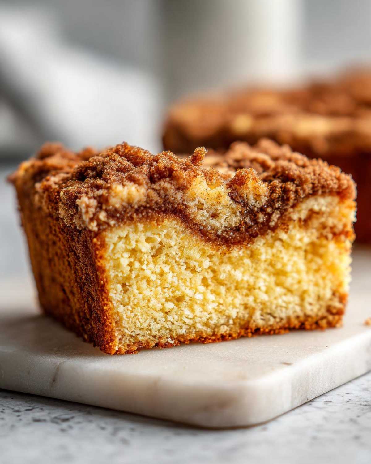 Close-up of a moist slice of sour cream coffee cake showing the yellow crumb and thick cinnamon streusel topping.