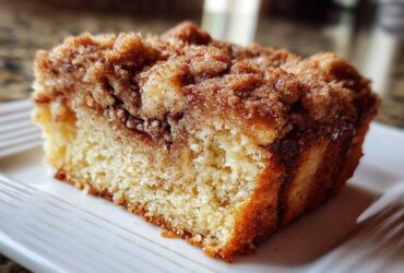 Close-up of a moist slice of sour cream coffee cake featuring a thick, sugary cinnamon crumb topping.