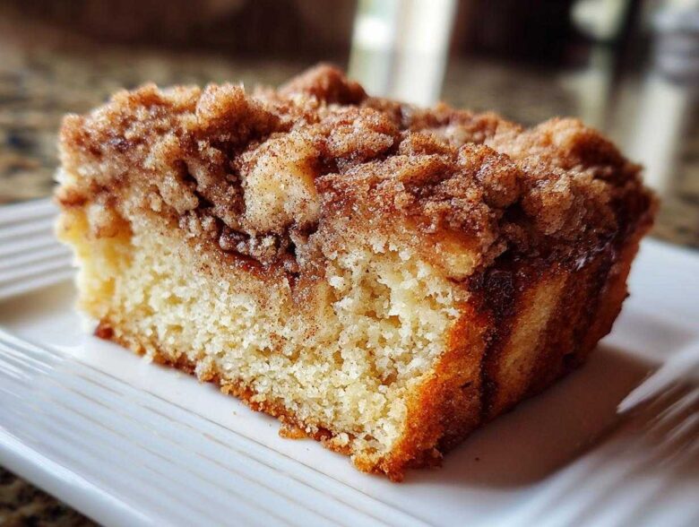 Close-up of a moist slice of sour cream coffee cake featuring a thick, sugary cinnamon crumb topping.