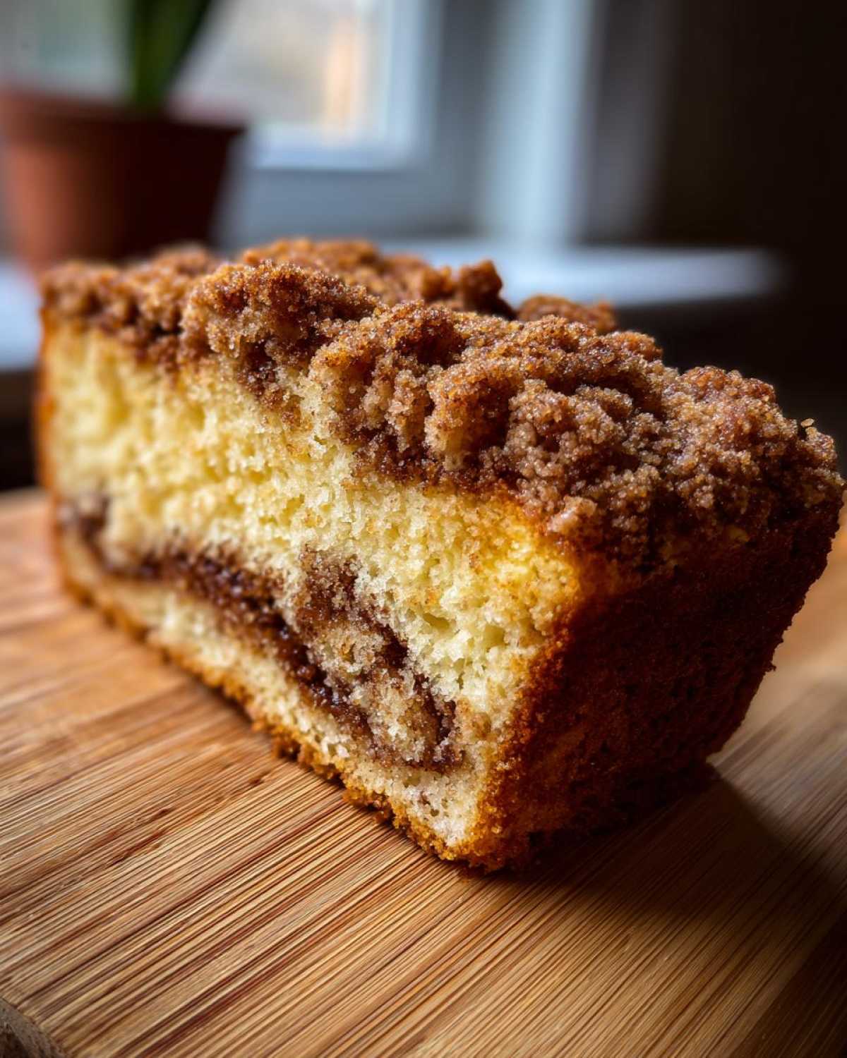 A close-up slice of moist sour cream coffee cake featuring a thick cinnamon swirl and generous streusel topping.