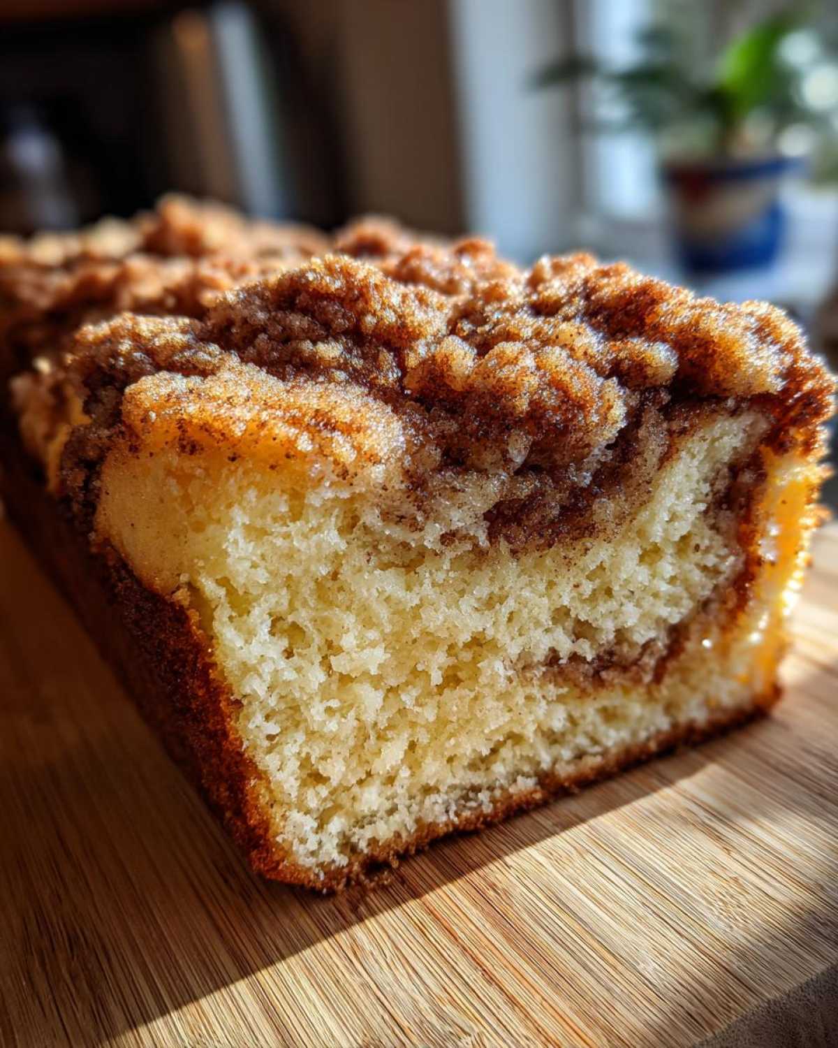 A close-up view of a slice of moist sour cream coffee cake with a thick, sugary cinnamon streusel topping.