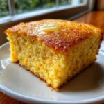 A close-up of a golden slice of sourdough cornbread topped with a melting pat of butter.