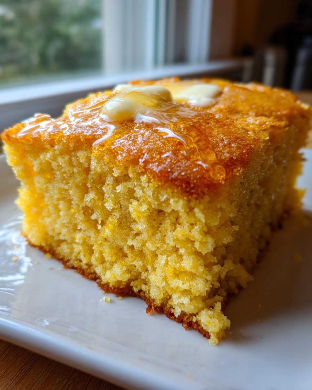 Close-up of a moist slice of golden sourdough cornbread topped with melting butter and honey.
