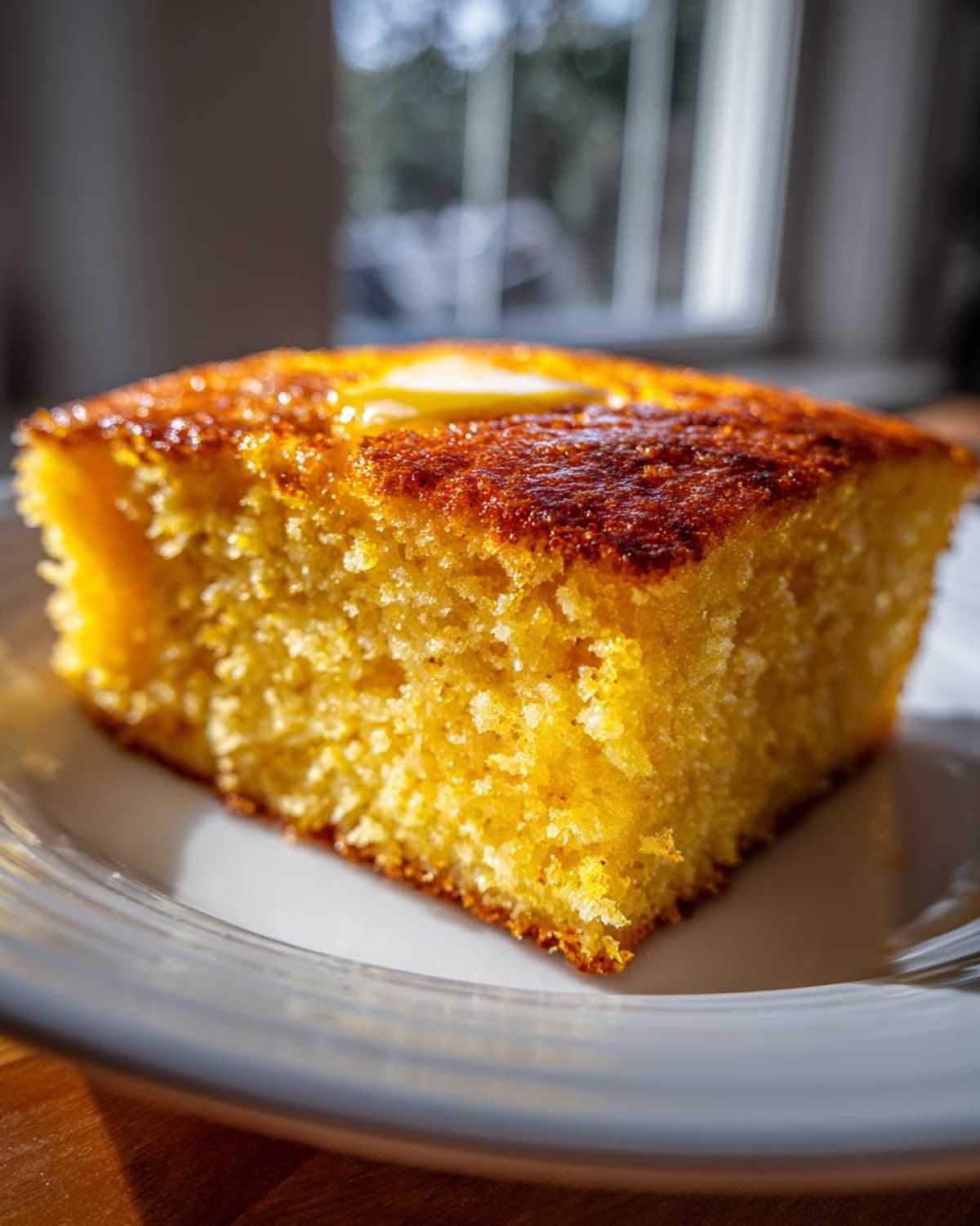 Close-up of a thick, golden slice of sourdough cornbread topped with melting butter.