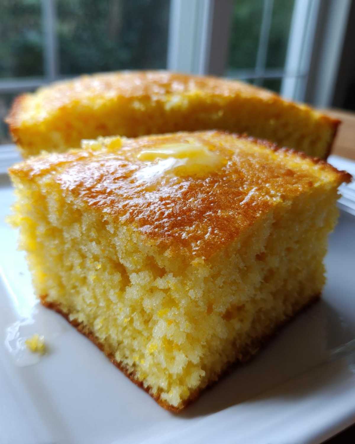 A close-up of a square slice of moist, golden sourdough cornbread topped with melting butter on a white plate.