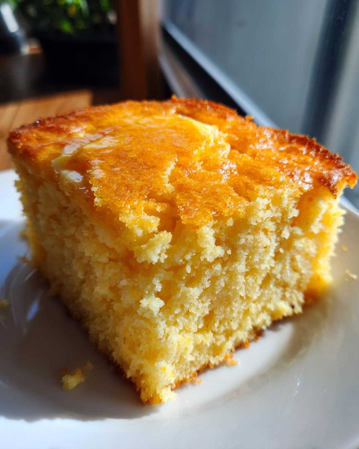 A close-up of a golden slice of sourdough cornbread topped with melting butter on a white plate.