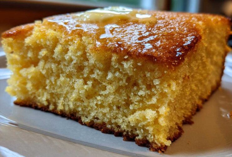 A close-up shot of a thick slice of golden sourdough cornbread topped with melting butter.