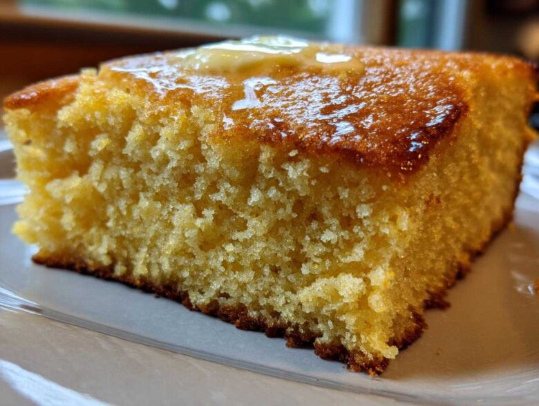A close-up shot of a thick slice of golden sourdough cornbread topped with melting butter.