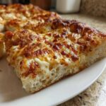 Close-up of a thick slice of cheesy pizza made with sourdough discard pizza dough, showing a fluffy crust.